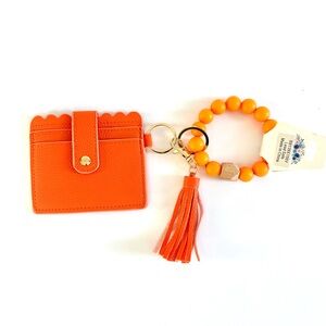 Orange Card Holder with Tassel Keychain and Orange Beaded Bracelet